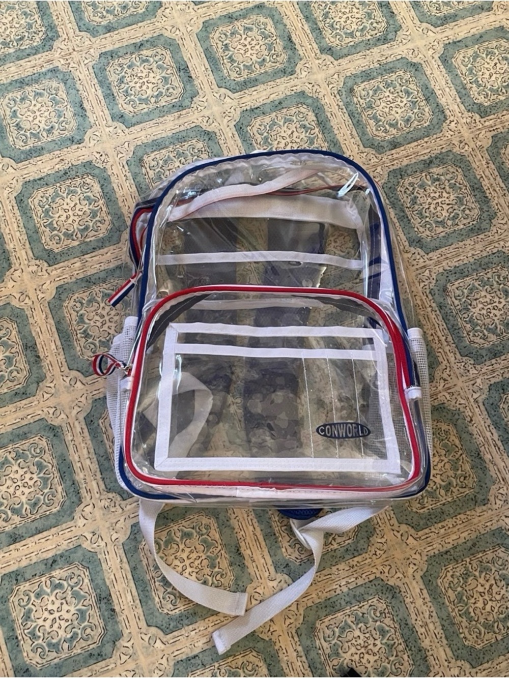 Clear PVC Backpack - Transparent with Red & Blue Trim